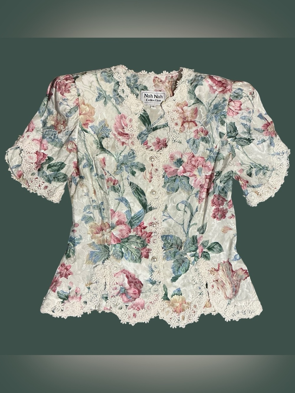 Vintage Nah Nah Collection Romantic Floral Lace Jacquard Blouse USA